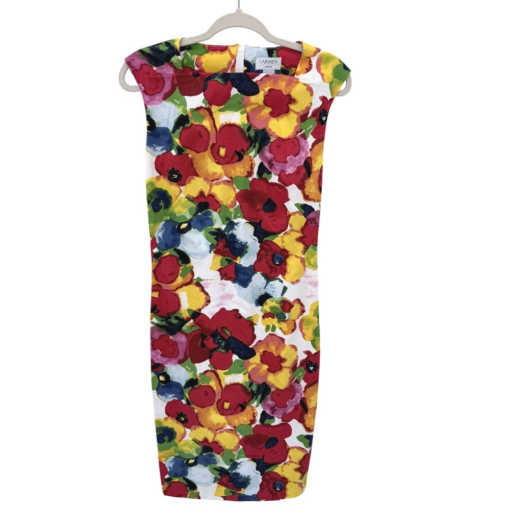 Carmen Marc Valvo Floral Sheath Dress Multicolor Cotton Blend Sleeveless Small